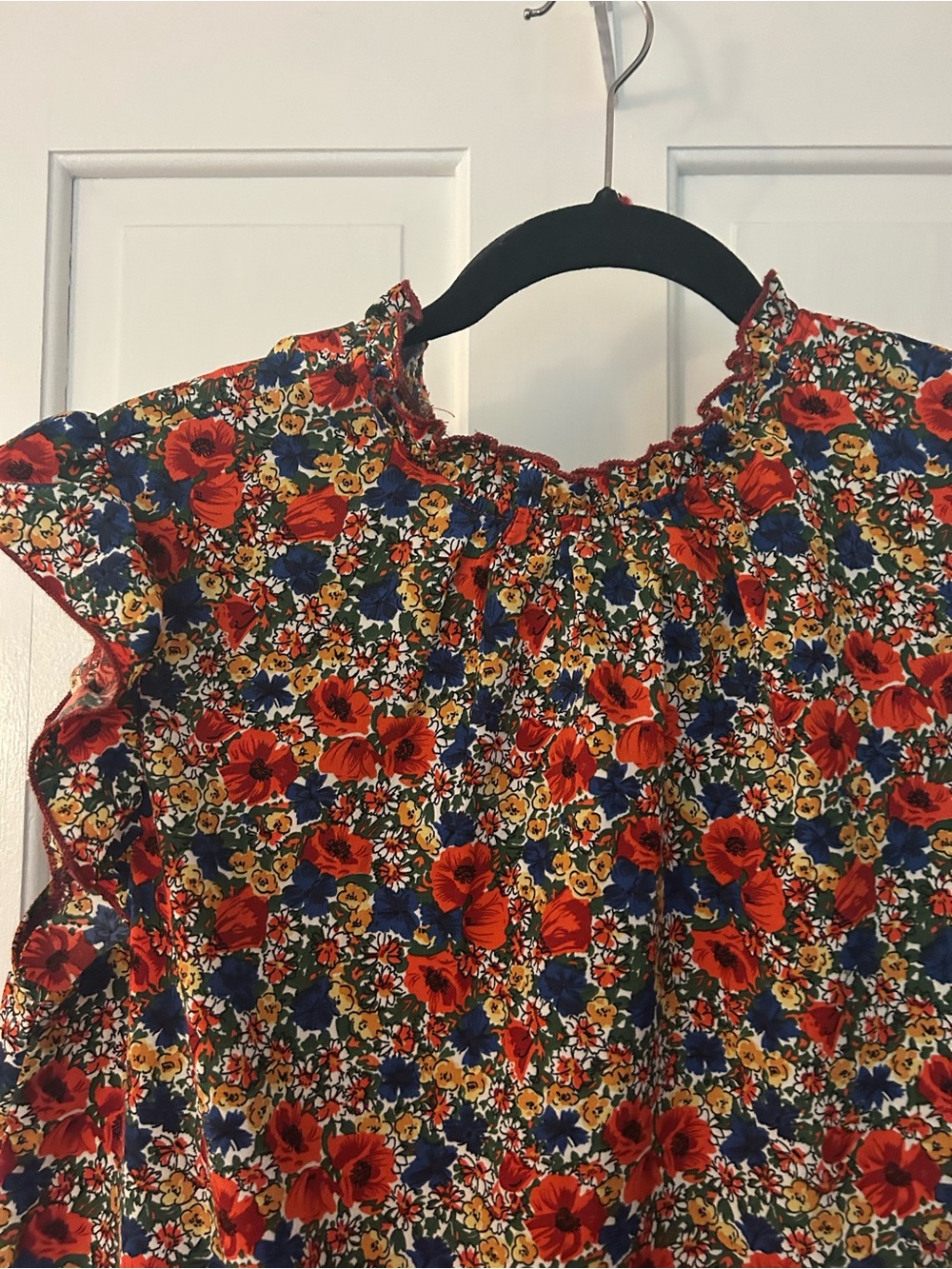 Floral Ruffled Neck Blouse - Red, Blue & Yellow